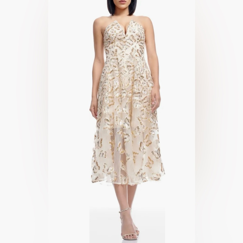 ✨HP✨Dress the Population Briella Sequin Butterfly Strapless champagne XL NWT